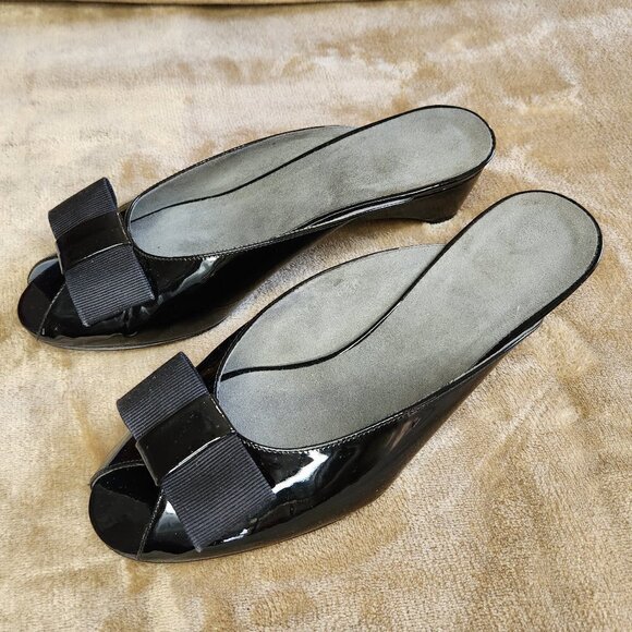 Stuart Weitzman Peep Toe Patent Leather Mules - Picture 2 of 9